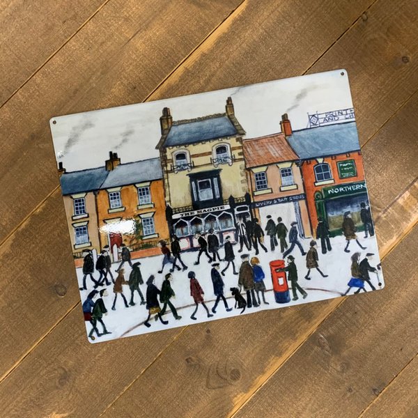Lowry style magpie inn metal sign